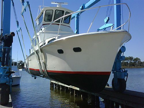 Our boat is pulled out of the water each year to perform routine hull and propeller inspections.